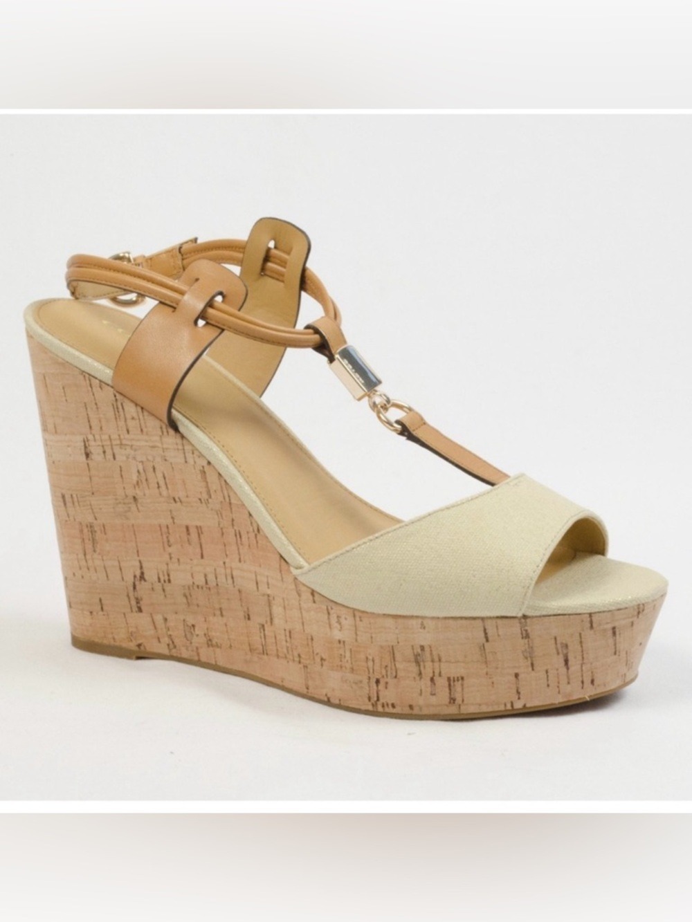 Coach Linden metallic Tan leather and cork Cream Wedge platform Sandals size 10